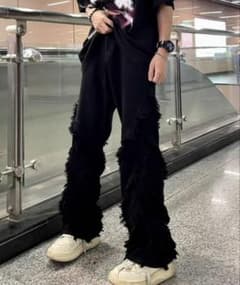 メンズ ブラック フリンジ デニムパンツのサムネイル