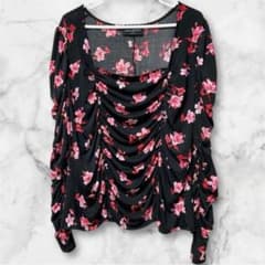 2XL レーンブラント 花柄 ギャザー チュニック カットソー 黒 ピンク 