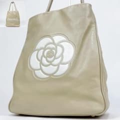 鑑定済美品 シャネル カメリア フラワー ロゴ トートバッグ ラムスキン 