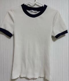 最終価格 ZARA リブ編み リンガーTシャツ ホワイト ネイビー Mサイズのサムネイル