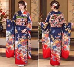 振袖セット 京紅型 長襦袢白半襟付 花蝶文様 正絹 縮緬 紺色 朱色 袋帯