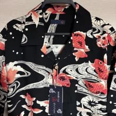 4L 和柄 流水 金魚 総柄 黒 開襟BOX アロハシャツ 新品未使用タグ付き 