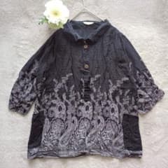 アトリーハウス 五分袖シャツ M-L 黒紫 インド製 コットン100