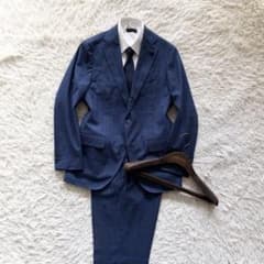 極美品>LARDINI 新ロゴ ブルー ウール スーツ ブートニエール 46