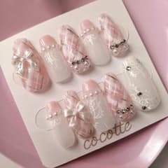 現品】ネイルチップ 量産型 推し活 フレンチガーリー リボン×チェック