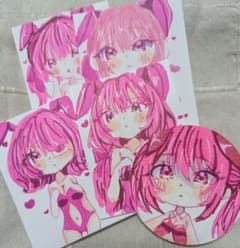 手描きイラストオリジナルイラストピンクバニーちゃんたちカードサイズ