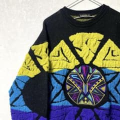 デザインニット 総柄 刺繍 ヴィンテージ レトロ アート 奇抜 マルチ 