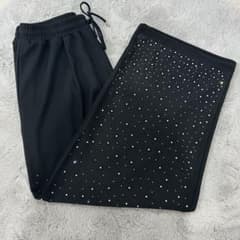 ラインストーン ワイドパンツ 黒 ブラック キラキラ Ｌ~LL ポケット付きのサムネイル