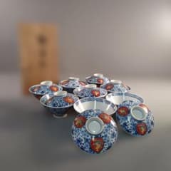 A1469-2/有田焼/九谷明利堂 造/染錦金彩色絵梅果実文飯茶碗10客/共箱/ A1469-3/有田焼/九谷明利堂 造/染錦金彩色絵梅果実文飯茶碗8客/共箱