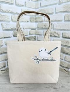 ハンドメイド ミニトートバッグ シマエナガ柄 生成り帆布 スマホ・長財布サイズのサムネイル