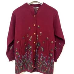 希少/金ボタン】80s レトロ 幾何学柄 ロングカーディガン 肩パッド 花柄刺繍のサムネイル