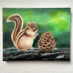 アクリル画 リスと松ぼっくり　キャンバス　手描き　原画のサムネイル