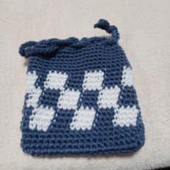 ハンドメイド ニット巾着袋 ブルー チェックのサムネイル