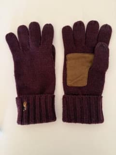 ラルフローレン　レッド　ウール手袋 リブ編み パッチ付き