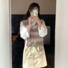 ボーダー ニットベスト Vネック ピンク×ブラウン 韓国　９８°cのサムネイル