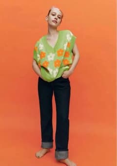 ZARA ザラ フラワー柄 ニットベスト グリーン Mサイズ 花柄 レトロのサムネイル
