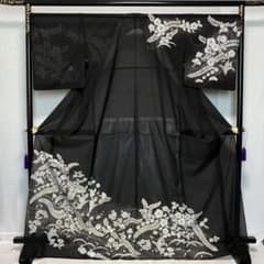 D909夏着物 訪問着 辻ヶ花 黒地 絽 ポリエステル 洗える着物 未使用極
