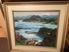 海と山の風景 油彩画 金色額縁のサムネイル