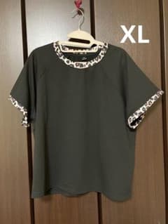 レオパード柄切り替え 半袖Tシャツ ブラック XL