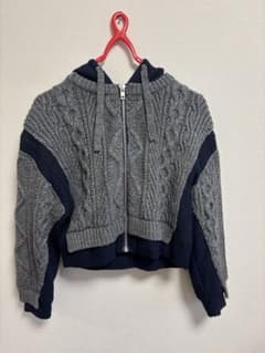 ZARA ケーブルニット ジップアップパーカー グレー ネイビーのサムネイル