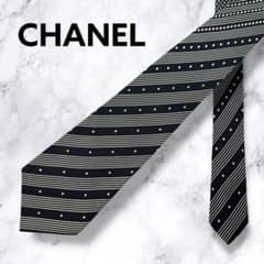 極美品】シャネル CHANEL ストライプ×ドット 高級シルク ネクタイ