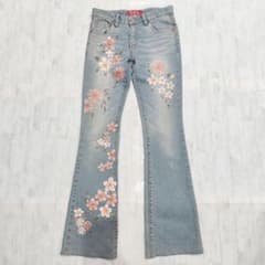 Y2K 極美品 フレアデニム 平成ギャル 美脚 フラワー 刺繍 ベルボトム S