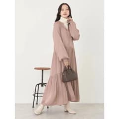 ベージュブラウン プリーツデザイン 長袖ワンピース