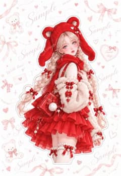 赤くまフードのガーリー少女｜人物ステッカー3枚のサムネイル