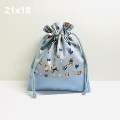 コップ袋 くまさんとバルーン くすみブルー ハンドメイド 巾着袋 【975