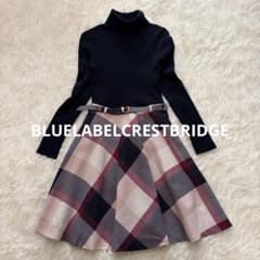 【ブルーレーベルクレストブリッジ】リブニット チェック フレアワンピース 38
