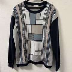 tk.TAKEO KIKUCHI 幾何学柄 切替ニット M ネイビー 長袖のサムネイル