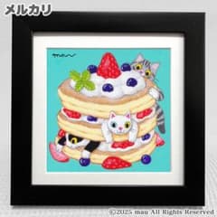 原画「三匹の猫と苺パンケーキ」イラスト/アート/絵画/猫/スウィーツ