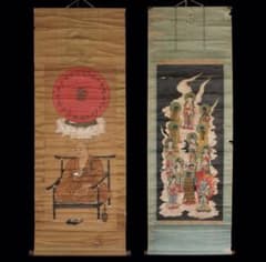 No5633 掛軸　無落款　十三仏像　弘法大師像　双幅　紙本彩色　合箱　送料無料 No5633 掛軸 無落款 十三仏像 弘法大師像 双幅 紙本彩色 合箱 送料無料