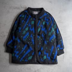 80s ヴィンテージ ニットジャケット 総柄 キルティング ブラックブルー 厚手のサムネイル