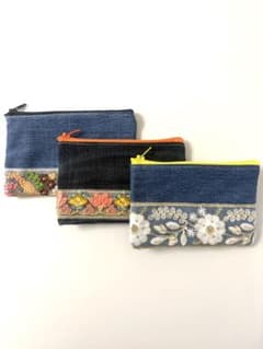 デニムポーチ 3点セット インド刺繍リボンのサムネイル