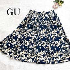 Excellent condition * GU flared skirt, floral print, elastic waist, A-line, midi length, navy