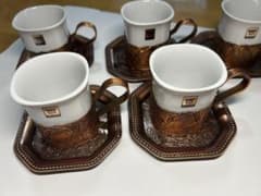 レトロ カップ＆ソーサー 5客セット 銅色ホルダー 八角皿 王冠ロゴのサムネイル