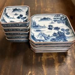 前畑陶器 庫山窯 染付山水画 角皿揃 八角皿 小皿5枚 銘々皿5枚 ②