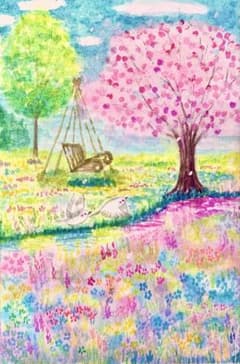 みみ水彩画　春の広場で　値段は※900円です みみ様専用水彩画 春の広場で 値段は※900円です - メルカリ