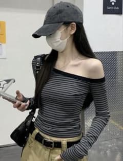 オフショルダー ボーダー 長袖 トップス Sのサムネイル