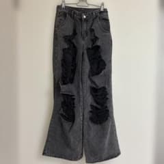 ダメージ加工 ワイドデニムパンツ ブラックのサムネイル