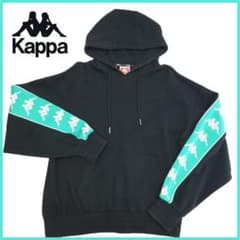 Kappa カッパ サイドライン ロゴテープ パーカー 黒×ライトグリーン L 