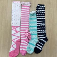 【m−00457】ボーダー　レース柄　オーバーニー　ソックス　4足セット m−00457】ボーダー レース柄 オーバーニー ソックス 4足セット - メルカリ