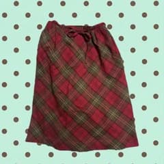チェック柄 ロングスカート レッド×カーキ ウエストリボン　Aライン　秋冬のサムネイル