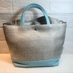 サロンドアルファード シルバー ブルー2way レザー ラフィア バッグ サロンドアルファード シルバー ブルー2way レザー ラフィア バッグ