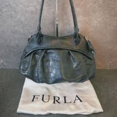 Y2K FURLA フルラ 黒 クロコ型押し ショルダーバッグ レザー 保管袋 