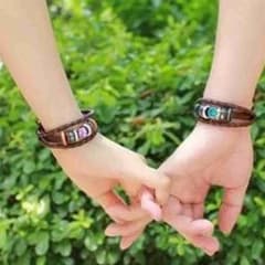 リゾート風 カップル用 レザー ＆ 編み編みベルト ペアブレスレットのサムネイル