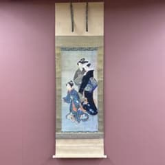 掛け軸 日本画家 鏑木清方筆「花吹雪」美人画 名画 印刷 おもてなし