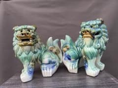 沖縄シ一サ一 一対陶器製 縁起物 獅子像 魔除け 厄除け青緑色 置物