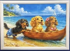 ダックスフンドたち♡海の休日 カヌーに乗って イラストアートA4フレームつきのサムネイル